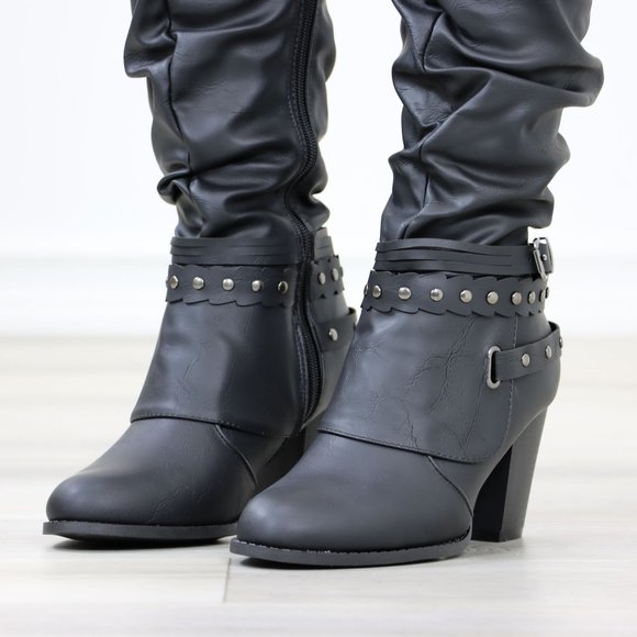 Motorcycle Heeled Boots For Rocker Biker Girls Below The Knee Black Faux Leather - Picture 12 of 14
